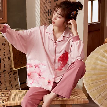 

Women Pajamas Pink Lovely Long Sleeve Sleepwear Women's Home Clothes Loungewear Pijama Feminino Pyjamas Plus Size