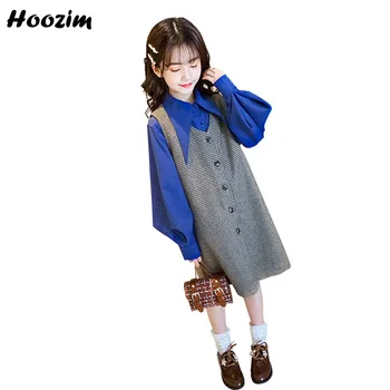 

Spring High Street Suit For Girls 4-12 Age Lantern Sleeve Blouse+ Plaid Button Front Dress Set Child Gorgeous Girls Clothing Set