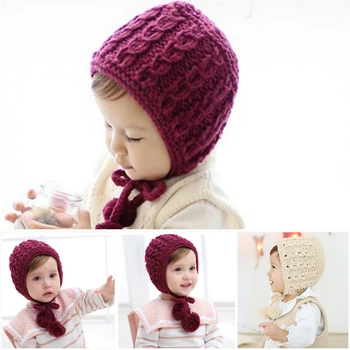 

Newborn Baby Autumn Winter Lace-up Knitted Hat Kids Bonnet Infant Girls Boys Cute Warm Cap 0-36M