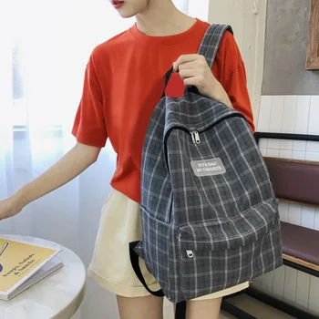 

Cotton Plaid School Bag Female Korean Version Harajuku College Students Backpack Casual Shoulder Travel Bags For Teenager Girls