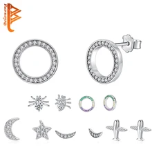 BELAWANG Настоящее серебро 925 проба серьги с прозрачным фианитом навсегда круг круглые серьги гвоздики для женщин Свадебные серебряные украшения Brincos