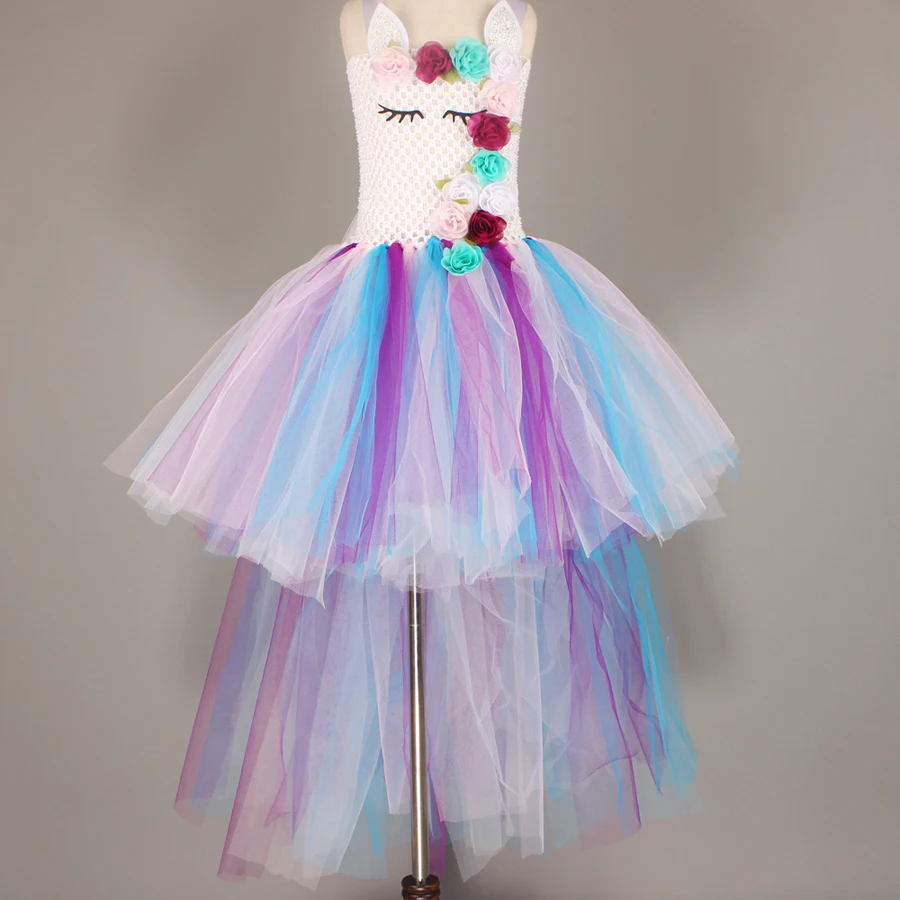 Kids Pastel Rainbow Unicorn Princess Tutu Dress Girls Halloween Pageant Costume Kids Tulle Train Unicorn Birthday Ball Gown Dress  (14)
