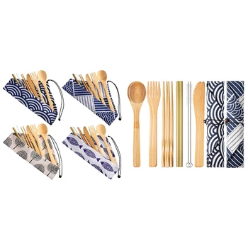 

6 Sets Of Reusable Bamboo Utensils Travel Cutlery Set, Forks Chopsticks Spoons Straws and Brushes, Camping Flatware Set