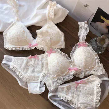 

Retro Student Bra Set Embroidered Lace Bow Girl Fairy Lingerie Set Triangle Cup Bra Without Steel Ring Women Bras and Panties