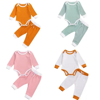 

2Pcs Baby Ribbed Cotton Outfits Knitted Sets Long Sleeve Romper Tops Leggings Spring For Toddler Baby Girl Boy Clothes