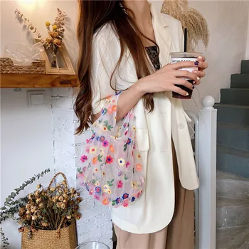

Women Small Transparent Tote Mesh Cloth Bag Shopping Bag Daisy Embroidery Handbag Eco Flower Art Mesh Bag Purse For Girls Gift
