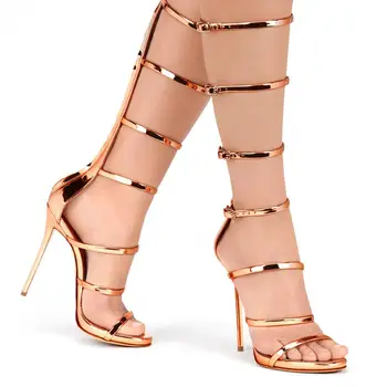 

2020 New Gold Silver Buckle Strap Gladiator Sandals Stiletto Heels Metallic Sandal Boots High Heels