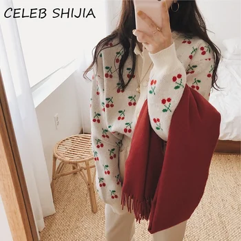 

SHIJIA Autumn Winter Single-breasted Cherry Knitted Cardigan Tops woman O-neck full sleeve thicken Warm sweater cardigan 2020