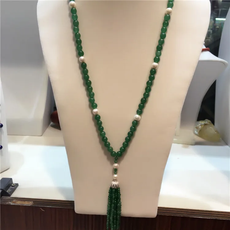 Hand knotted long natural green stone white freshwater pearl micro inlay zircon clasp tassel necklace fashion jewelry