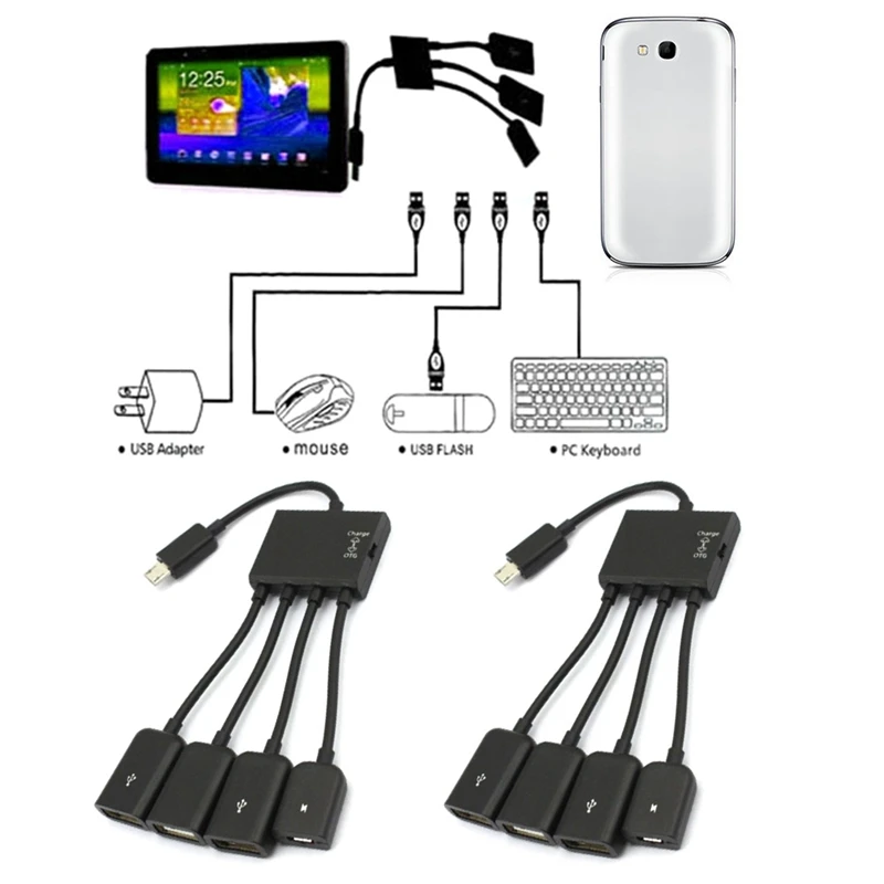 Multi-function USB 2.0 4 in 1 Micro USB Host OTG Charge Hub Cord Adapter Splitter for Android Smartphones Tablet Black Cable