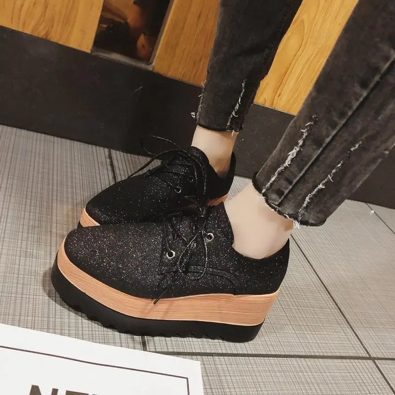 

Round Toe Lace-up Wedges Shoes for Women Loafers Comfortable Rubber Platform Shoes Women Casual Vulcanized Shoes Woman Autumn PU
