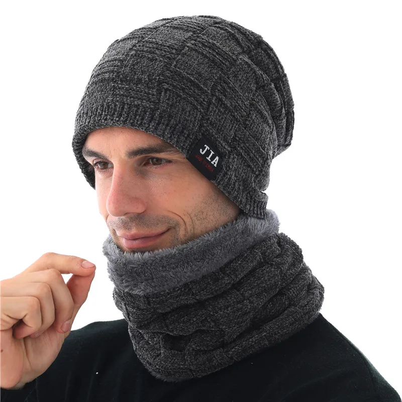 hat scarf set gray Xthree зимние мужские шапочки Skullies шапка для мужчин шенилл вязаная шапка шарф с подкладкой мужские шапочки зимние шапочки - Цвет: hat scarf set gray