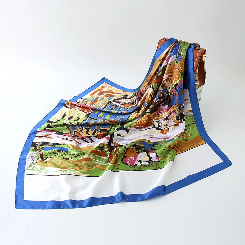 2021 spring Fashion Floral Scarf Women Oil Painting Silk Satin Kerchief Scarfs new 90X90CM Square Shawl Ladies Headband Scarves 4