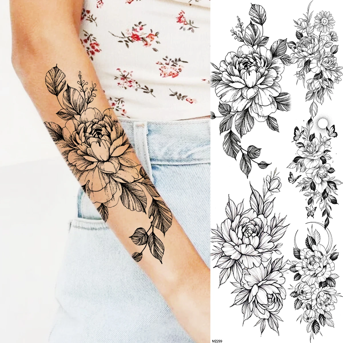 Tatouage Avant Bras Femme Fleur Papillon Faux tatouages temporaires pour femmes, fleur de pivoine noire, Sexy, avant  bras, pour adulte, fille, lune, soleil, papillon, lavable, Art corporel |  AliExpress