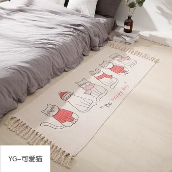

Brief Style Home Carpets Simple Tassel Cotton and Linen Sofa Tatami Mat Cartoon Cat Bedroom Bedside Area Rug Balcony Kitchen Rug