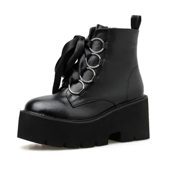 

2020 New Autumn Women Ankle Boots Round Toe Lace-up Platform Short Boots Female PU Soft Leather Black Boots Drop Shipping