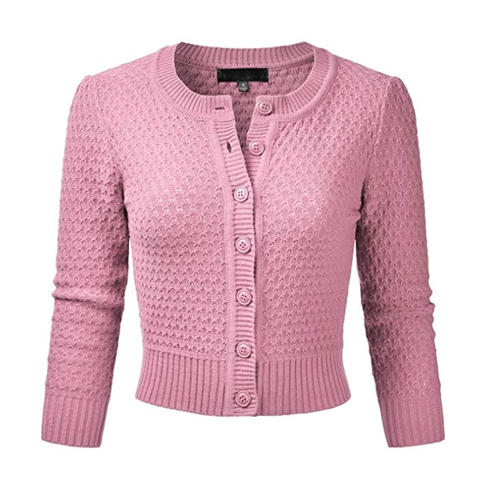 Litthing Ladies Knitted Crop Coat Women Fashion Solid Button Down 3/4 Sleeve Cropped Sweater Cardigan Casual Short Outwear - Цвет: A13