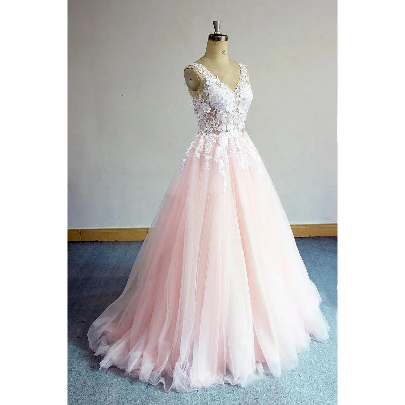 Розовый Тюль Кружева v-образным вырезом без бретелек длиной до пола A-Line свадебное платье на заказ - Цвет: as picture