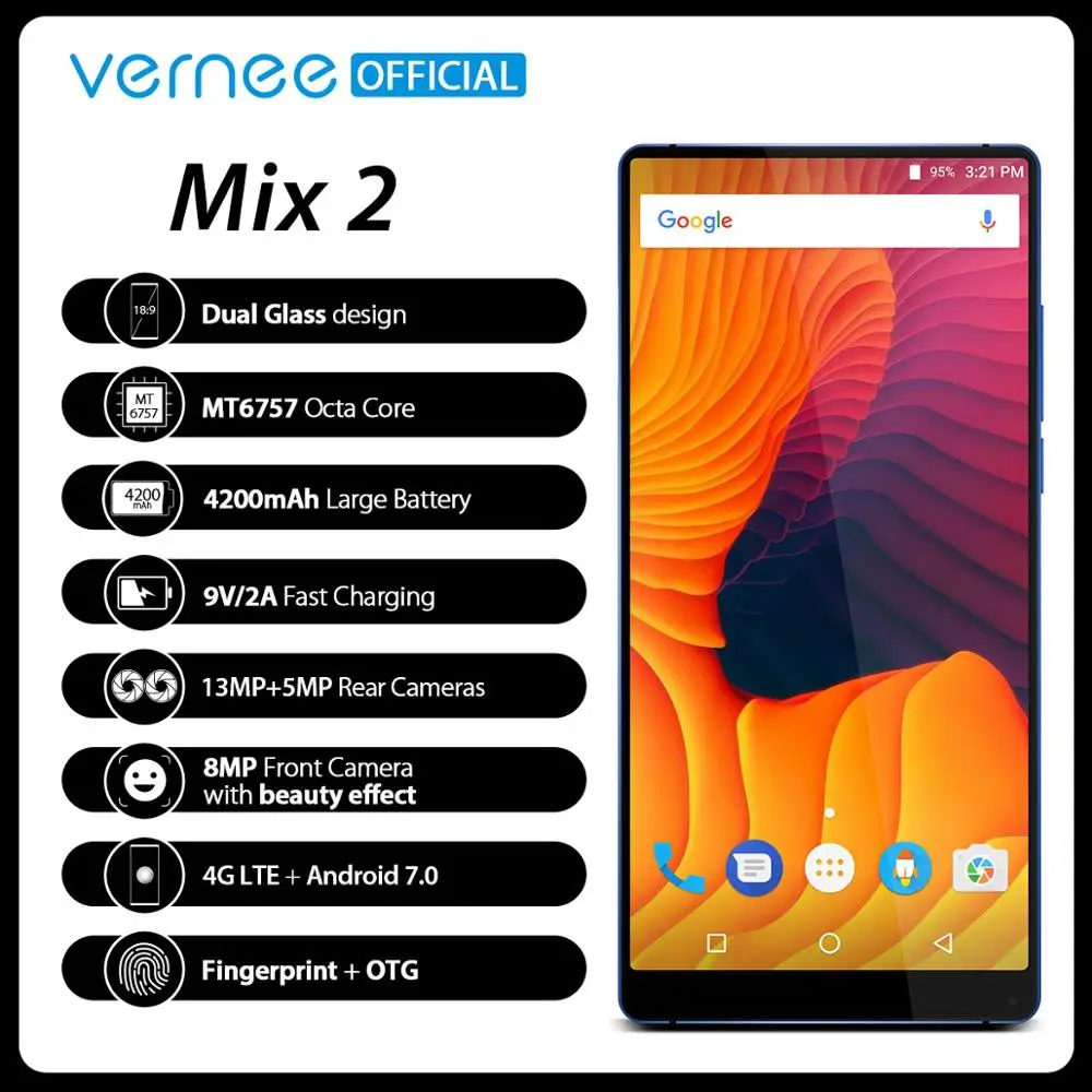 Смартфон с 6 дюймовым дисплеем Vernee Mix 2 восьмиядерный процессор MTK6757 ОЗУ 4 Гб ПЗУ 64 13