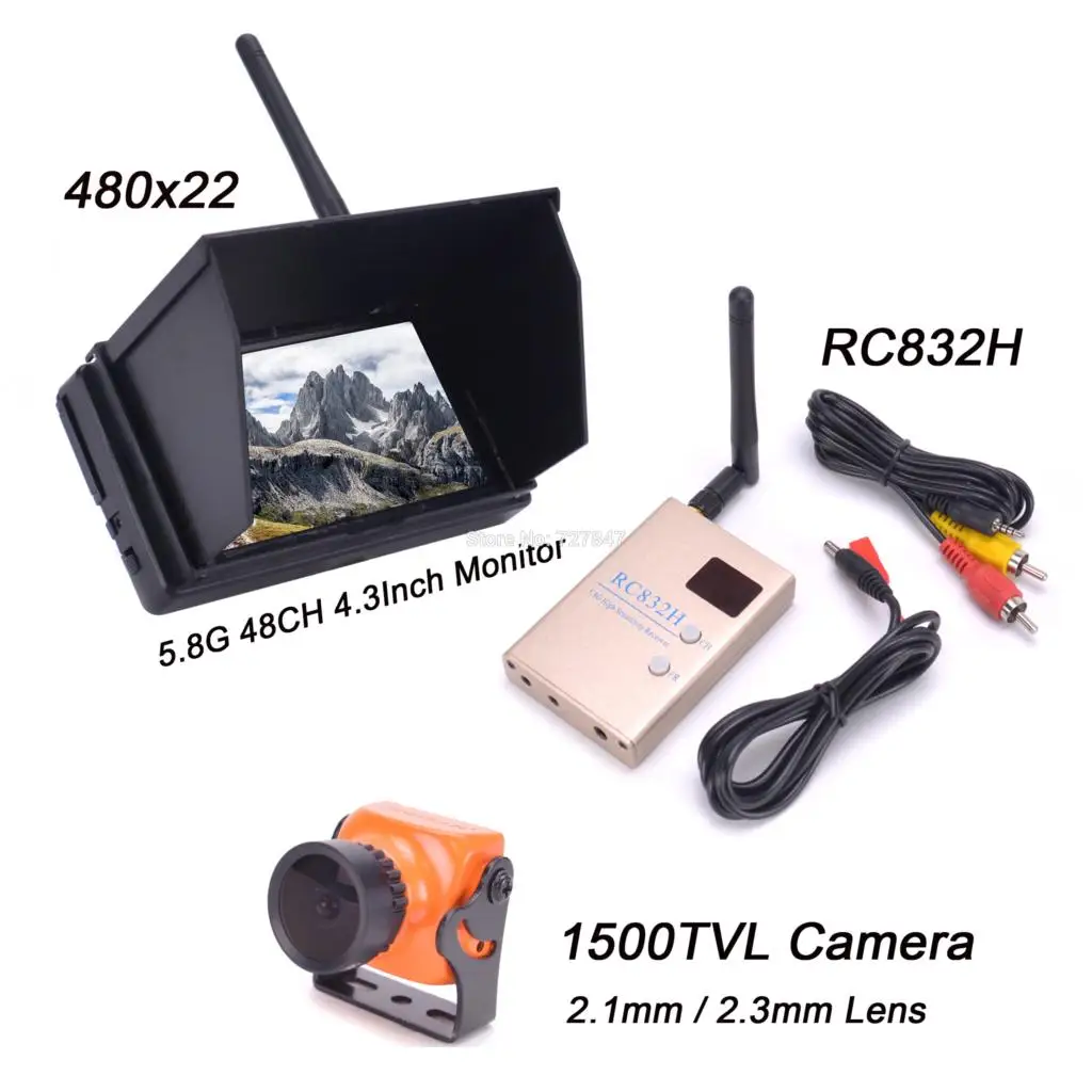 

5.8G 48CH 4.3 Inch LCD 480x22 pixels + A23 1500TVL Camera 2.1mm / 2.3mm Lens CCD + RC832 RC832H 48CH for FPV Racing drone