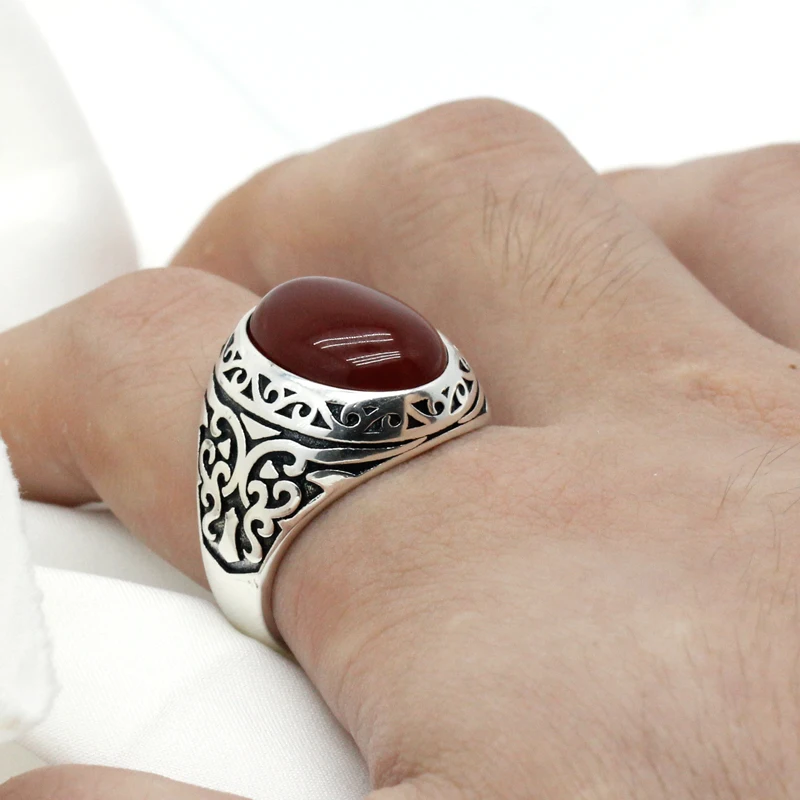 Male Ring Sterling Silver 925 Ring for Men Signet Ring Red