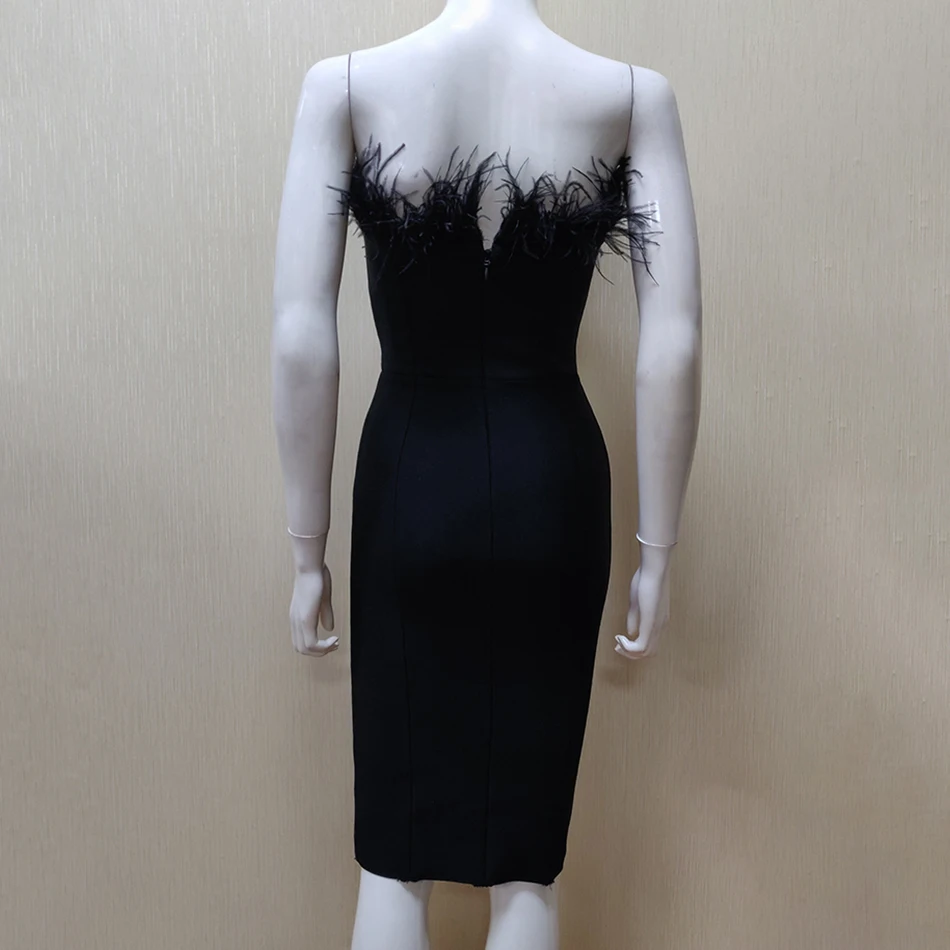 Vestidos Бандажное роскошное черное Бандажное платье Вечерние Бандажное платье без бретелек облегающее женское Клубное платье с перьями