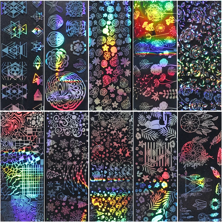 10pc Holographic Foils Nail Transfer Wraps Lace Flower Snowflake Clear Black Adhesive Sticker Set Nail Foil Gradient Tips CH1040
