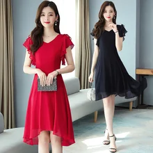 Solid Color Dresses Summer New Female Hepburn Style Irregularly Slimming Flared Lotus Sleeves Chiffon Dress 2021 Fashion New