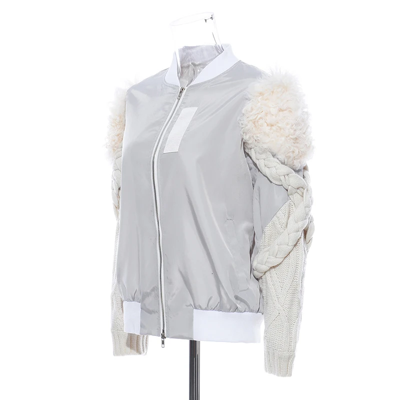 Very best  [EAM] Loose Fit Gray Knitting Lambswool Short Jacket New Stand Collar Long Sleeve Women Coat Fashio