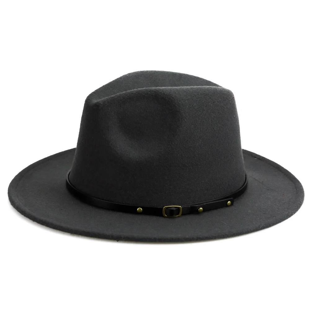 YY 14 цветов Fedora шляпа для женщин и мужчин зима PU ремень фетровая Кепка с плоскими полями шерстяной джазовый Панама Винтаж Трилби шляпа игрока FD19017 - Цвет: Darkgrey Fedora Hat