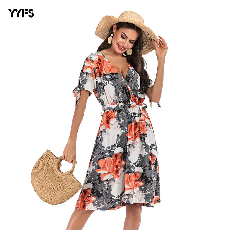 

Amazon AliExpress Wish Hot Sales New Style Europe And America WOMEN'S Dress V-neck Floral Slim Fit Elegant Commuting Dress Women