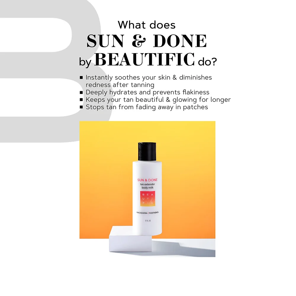 Увлажняющее молочко-прологатор загара BEAUTIFIC Sun& Done с эритрулозой и босвелией. 150 мл