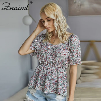 

Znaiml Vintage Floral Print Women Blouses Short Sleeve Elastic Peplum Tops Summer Boho Slim Blouse Shirt O-Neck Ladies Tops 2020