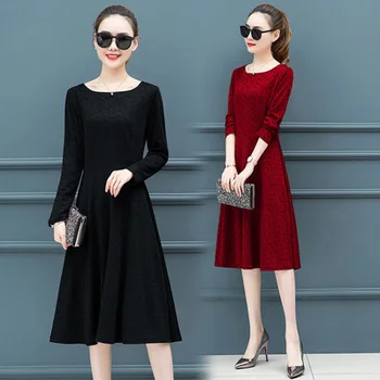 

Autumn Winter Women Office Lady Floral Dresses Wine Red Black Plus Size 4xl 5xl Dress Vestidos Elegantes Middle Aged Women Cloth