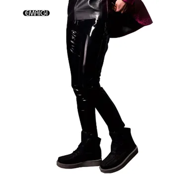 

Personalize os homens calça de couro masculina moda casual hip hop calças magros ajuste locomotiva calças palco mostrar trajes