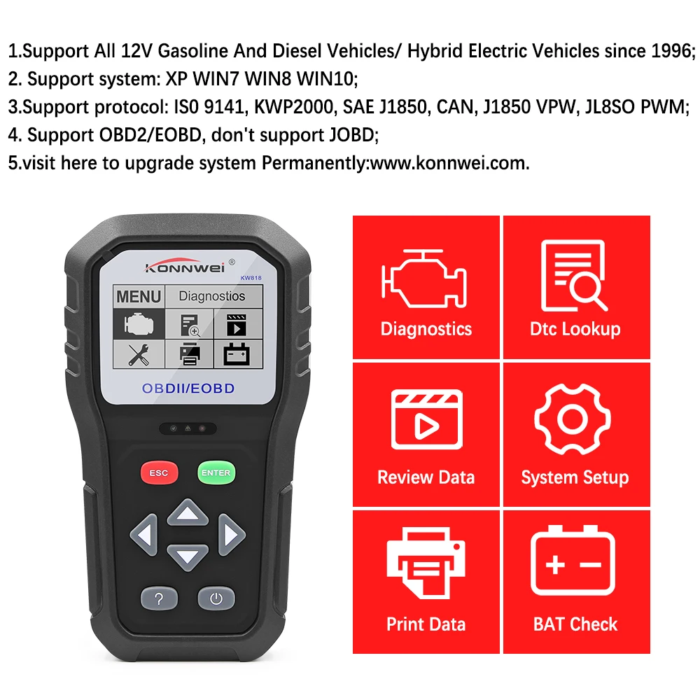 KONNWEI KW818 Enhanced OBDII ODB2 EOBD Car Diagnostic Scanner 12V Battery Tester Check Engine Engine Automotive Code Reader Tool