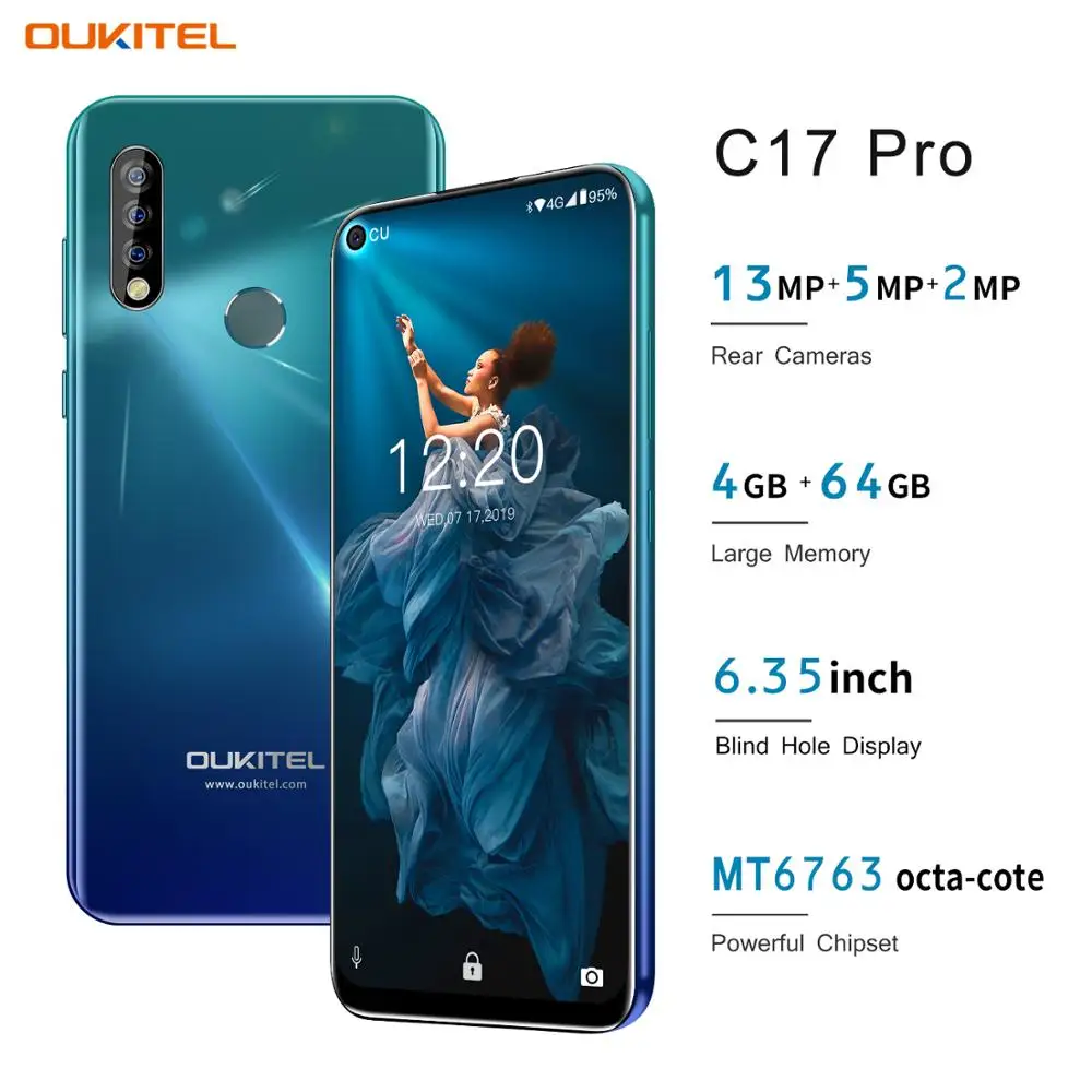 OUKITEL C17 Pro 6,3" 19,5: 9 Android 9,0 4G ram 64G rom MTK6763 Восьмиядерный мобильный телефон задняя Тройная Камера Двойная 4G LTE смартфон