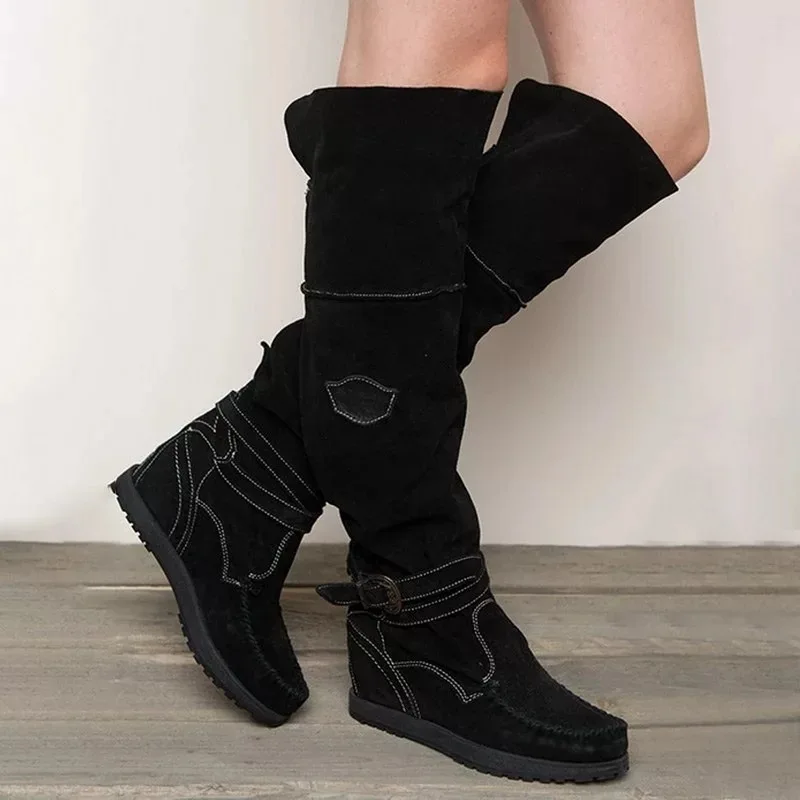 Сапоги выше колена женские зимние сапоги высокие сапоги до бедра низкая зимняя женская обувь с пряжкой и бахромой Botte Femme Hiver HVT513 - Цвет: Black