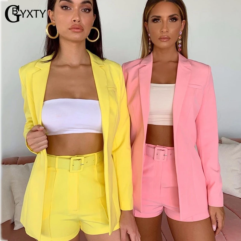 

GBYXTY Neon Color Two Piece Shorts Set With Belt 2019 Autumn Lady Work Suits Blazer and Shorts 2 Piece Set Office Outfit ZA1639