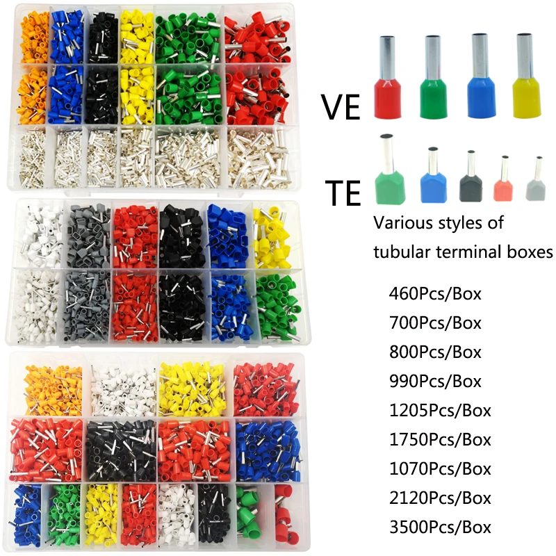 

Box-Packed Tubular Various Styles electrical Wire Cable Connector Terminal Tube Insulating Terminal Set for 0.5mm2-10mm2 AWG22-7