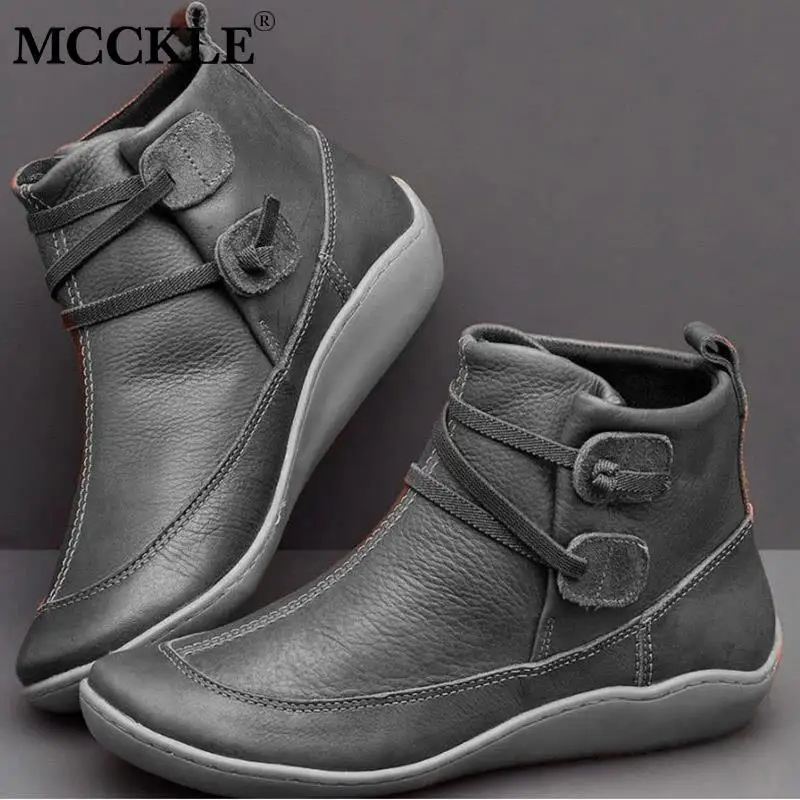 MCCKLE/женские ботильоны из искусственной кожи; женская Винтажная обувь с перекрестными ремешками; короткие плюшевые ботинки в стиле панк; женская обувь на плоской подошве в стиле ретро; Botas Mujer