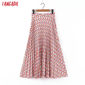

Tangada women print pleated midi skirt faldas mujer vintage side zipper office ladies elegant chic mid calf skirts SL82