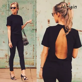 

Hot Sale Women Casual Backless Short Sleeve T Shirt 2020 Summer Casual Loose O-neck Tops Tees Black sexy Open Back T Shirt