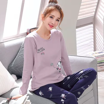 

Female Pajamas Suit Casual Sleep Set Home Wear Lady Long Sleeve 2 PCS Shirt&Pant Lovely Women Pajamas Set O-Neck 2PCS Sleepwear