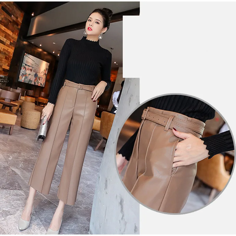 Осенние женские брюки из искусственной кожи с поясом, высокие приталенные с широкими штанинами Anke-длина, женские брюки 2019, зимняя новая