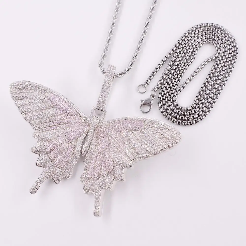 Iced Out большая Серебряная Бабочка Шарм Подвески микро проложить кубический циркон для мужчин из нержавеющей стали Веревка ожерелье хип-хоп рэпер wo мужчин - Окраска металла: silver clear pink cz
