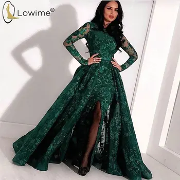 

Green Long Sleeve Muslim Evening Dresses 2020 Mermaid High Neck Sparkly Evening Gowns Formal Dress Arabic