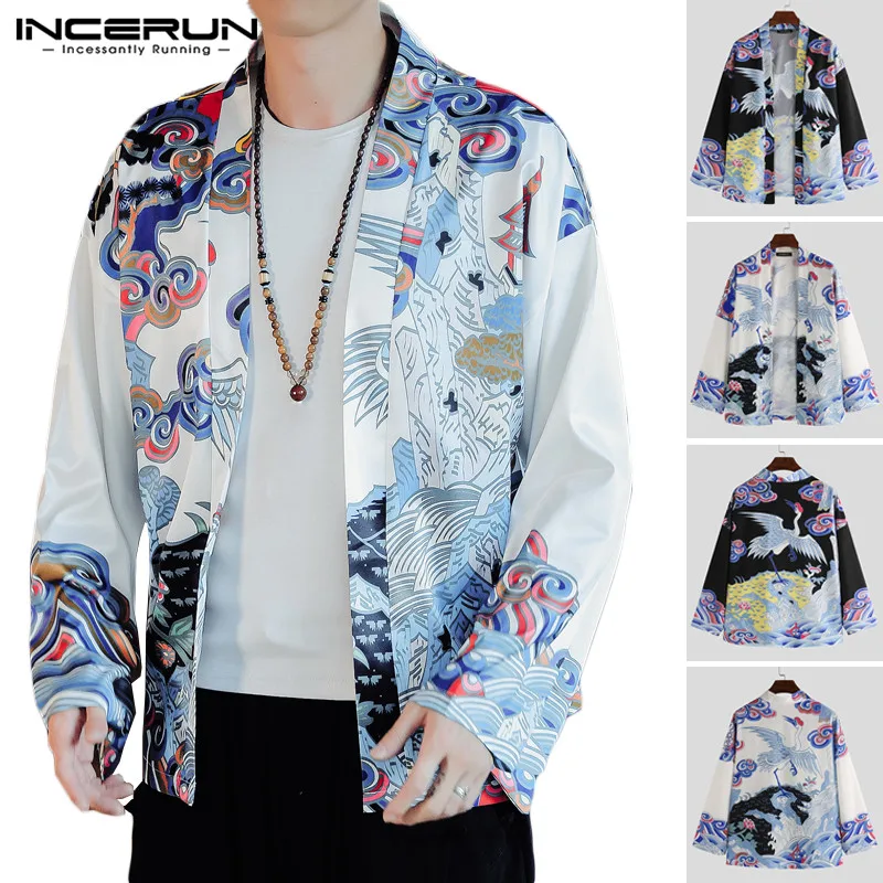 INCERUN Men Printed Shirt Ethnic Style Long Sleeve Open Stitch Kimono Vintage Streetwear  Men Clothes Casual Loose Cardigan 5XL