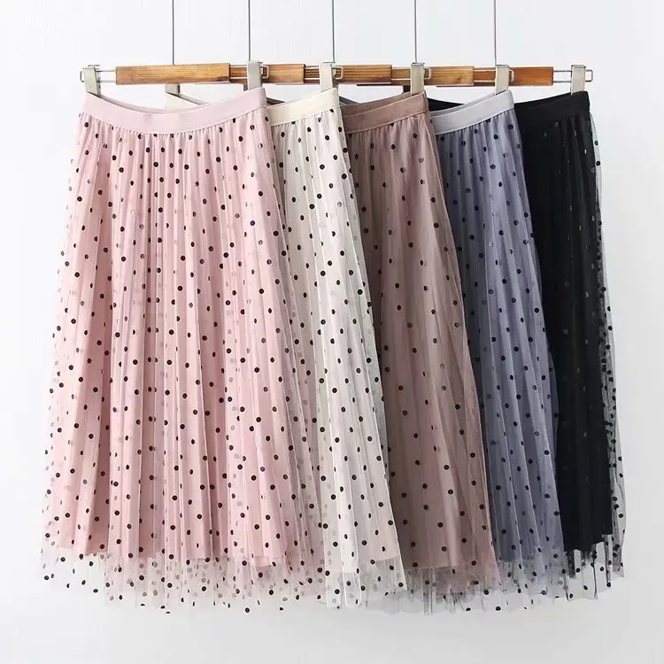 

Autumn And Winter New Style Skirt Women's Two Sides Wears Gold Velvet Pleated Dotted Mesh Skirt Mid-length Elastic Waist S22782