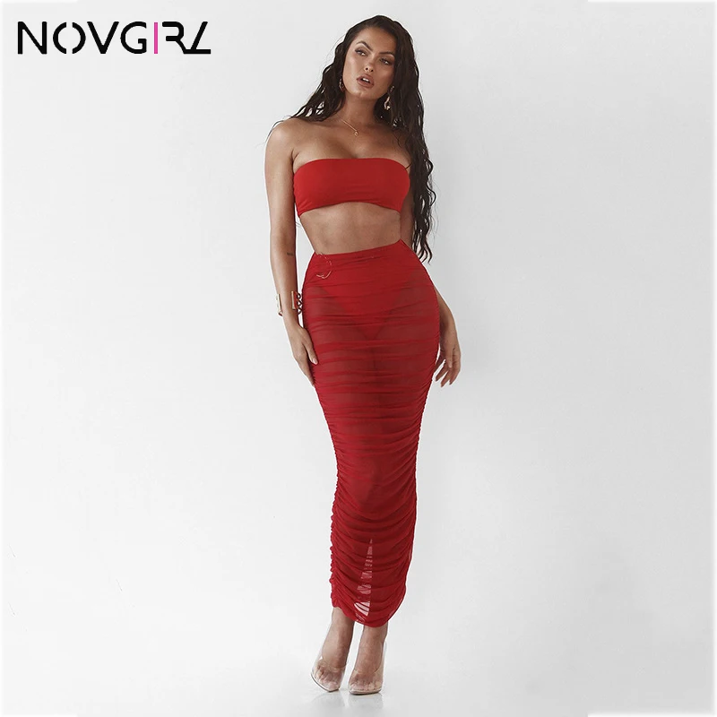 Novgirl/красные сетчатые длинные юбки для женщин, прозрачные Облегающие юбки с рюшами, сексуальные макси юбки, вечерние юбки-карандаш для ночного клуба, Mujer